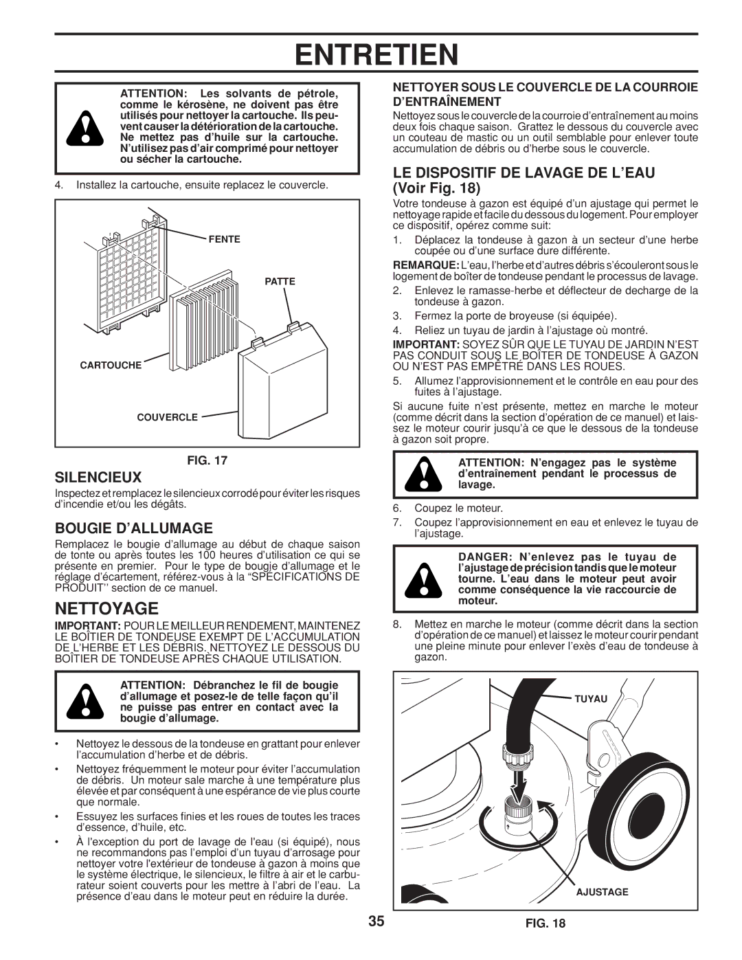 Husqvarna 961430099 warranty Nettoyage, Silencieux, Bougie D’ALLUMAGE, LE Dispositif DE Lavage DE L’EAU Voir Fig 