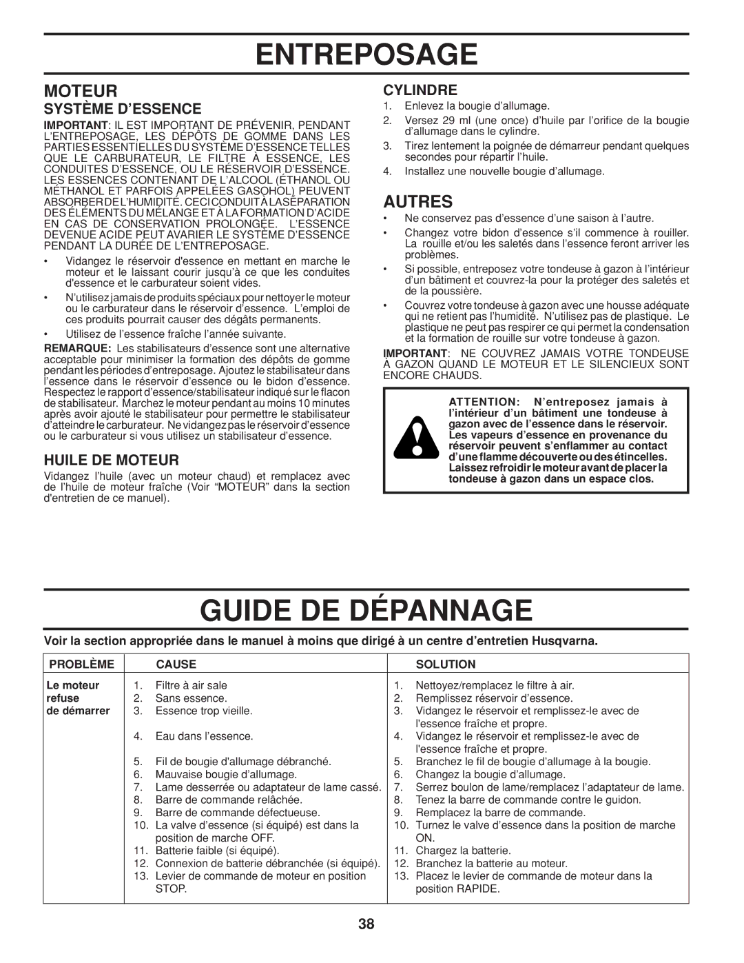 Husqvarna 961430099 warranty Guide DE Dépannage, Autres, Système D’ESSENCE, Huile DE Moteur, Cylindre 