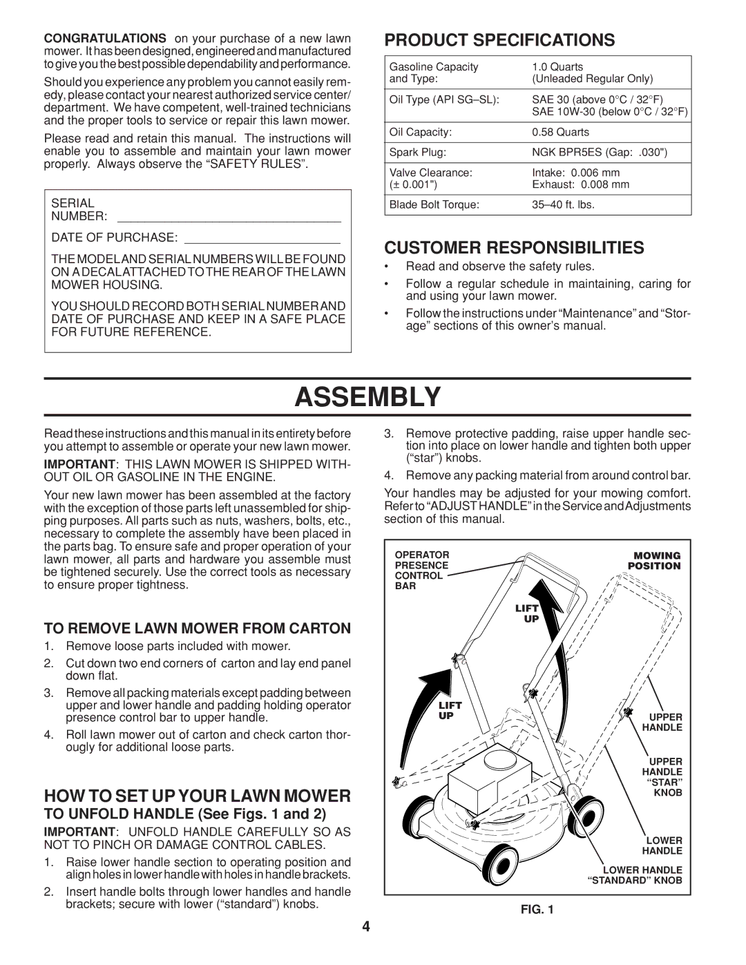 Husqvarna 961430099 warranty Assembly, Product Specifications, Customer Responsibilities, HOW to SET UP Your Lawn Mower 