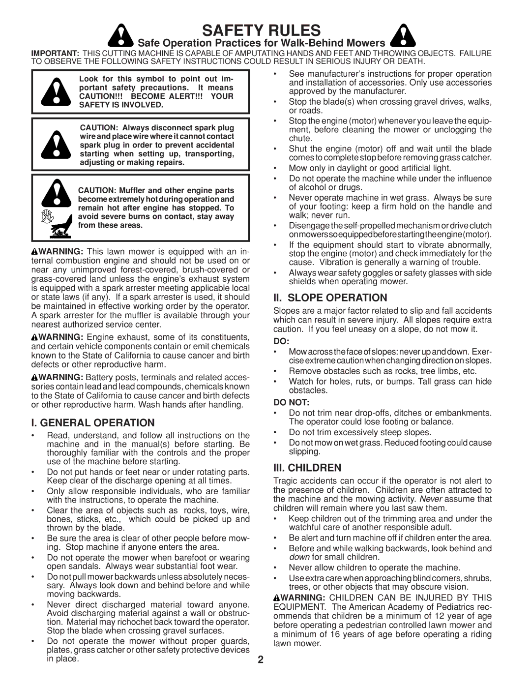 Husqvarna 961430103 Safe Operation Practices for Walk-Behind Mowers, General Operation, II. Slope Operation, III. Children 