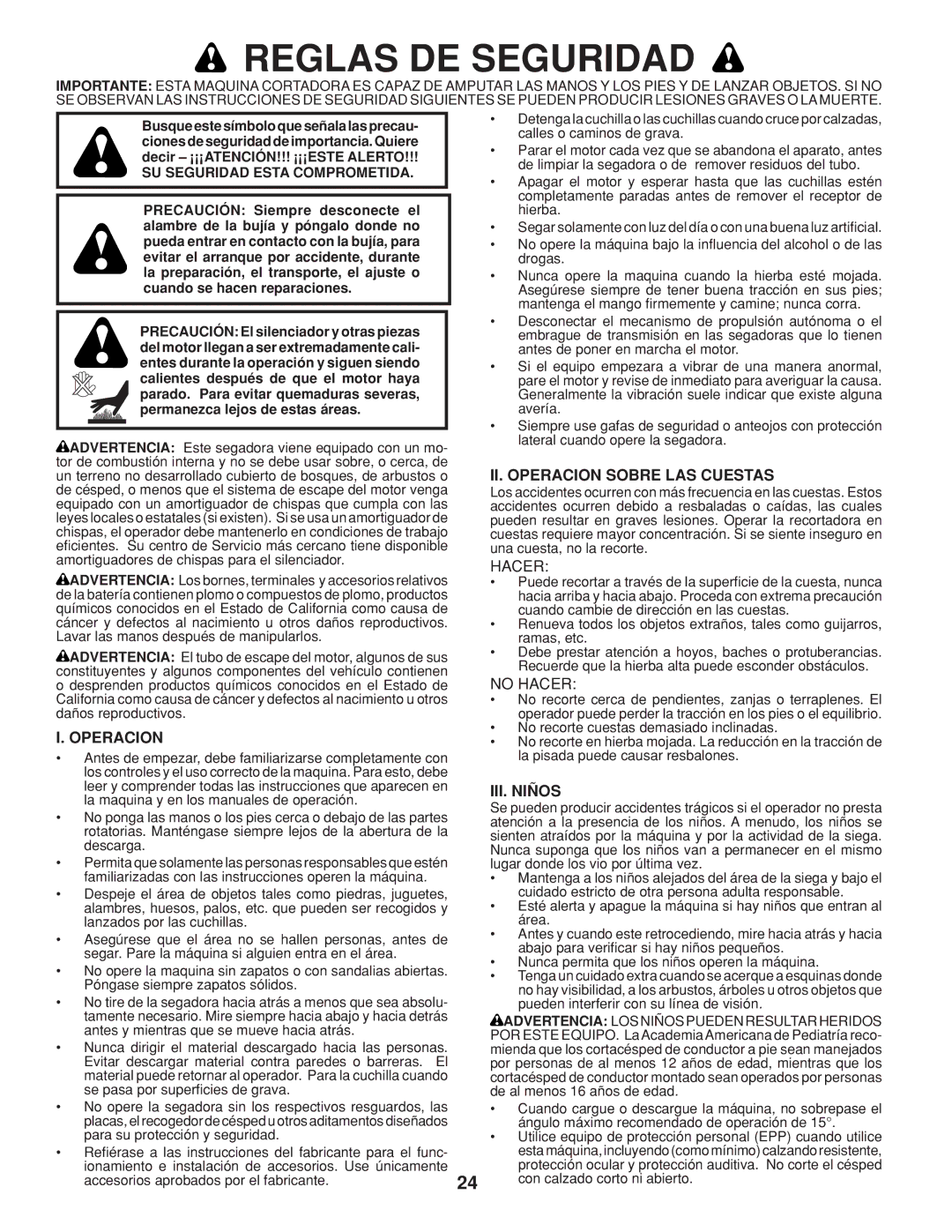 Husqvarna 961430103, 961430104 warranty II. Operacion Sobre LAS Cuestas, III. Niños 