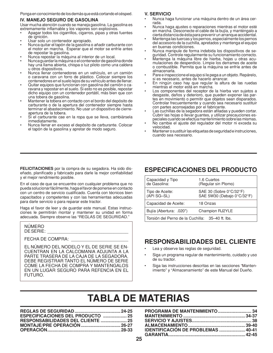 Husqvarna 961430104, 961430103 warranty Tabla DE Materias, Especificaciones DEL Producto, Responsabilidades DEL Cliente 