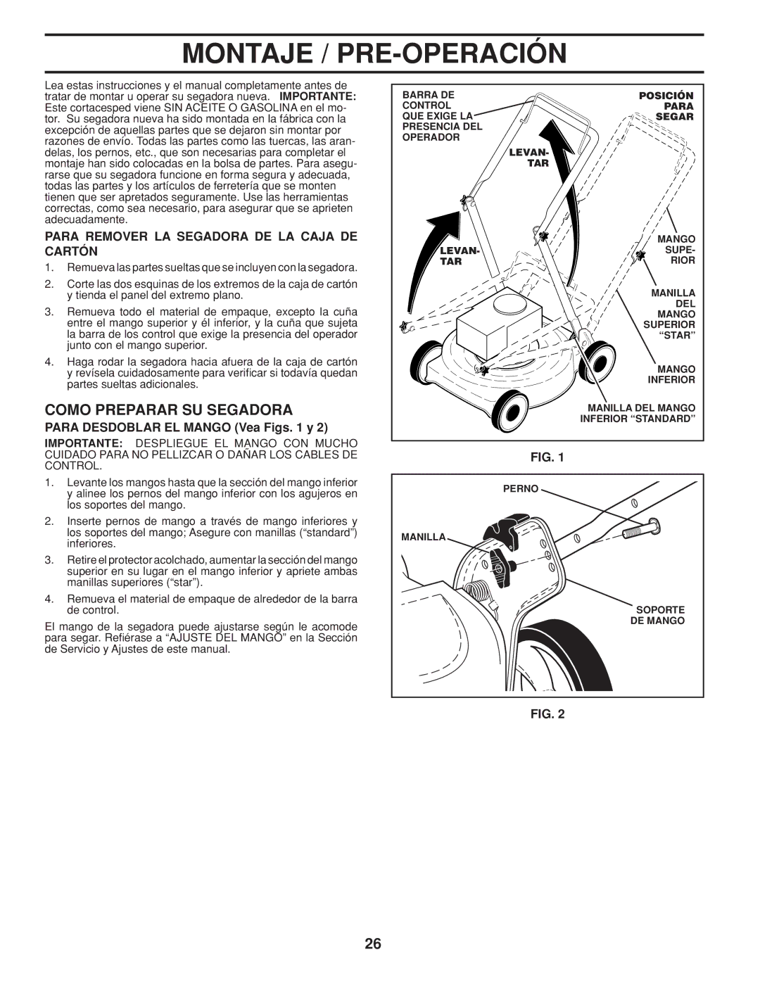 Husqvarna 961430103 Montaje / PRE-OPERACIÓN, Como Preparar SU Segadora, Para Remover LA Segadora DE LA Caja DE Cartón 