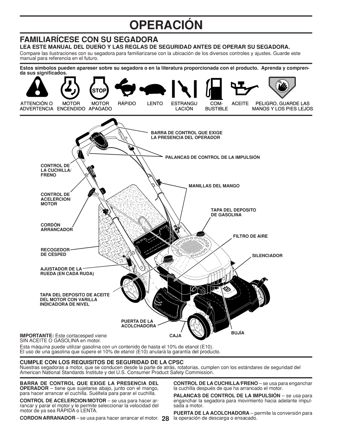 Husqvarna 961430103, 961430104 Operación, Familiarícese CON SU Segadora, Cumple CON LOS Requisitos DE Seguridad DE LA Cpsc 