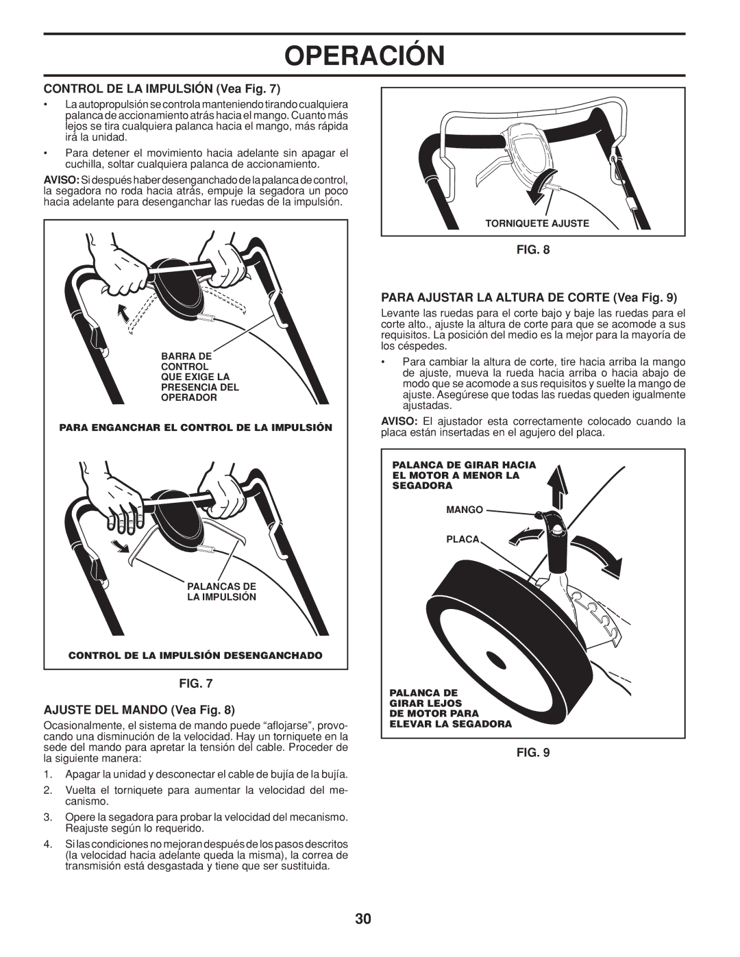 Husqvarna 961430103 Control DE LA Impulsión Vea Fig, Ajuste DEL Mando Vea Fig, Para Ajustar LA Altura DE Corte Vea Fig 