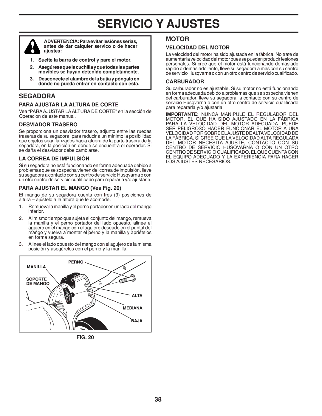 Husqvarna 961430103, 961430104 warranty Servicio Y Ajustes 