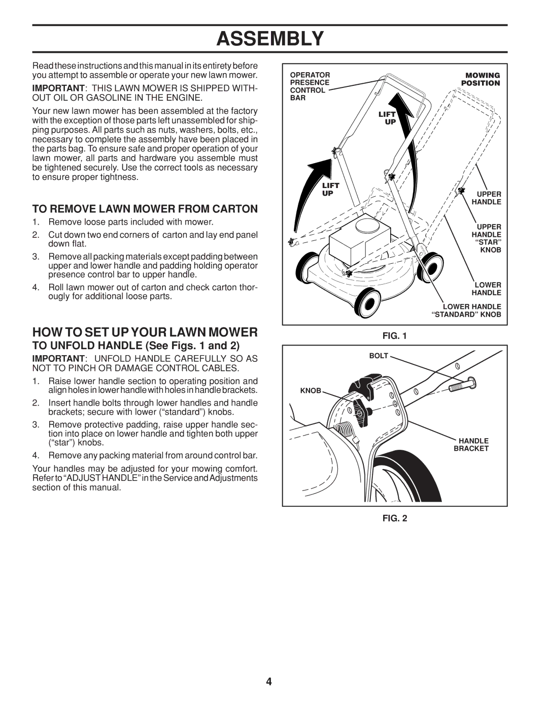 Husqvarna 961430103 Assembly, HOW to SET UP Your Lawn Mower, To Remove Lawn Mower from Carton, To Unfold Handle See Figs 