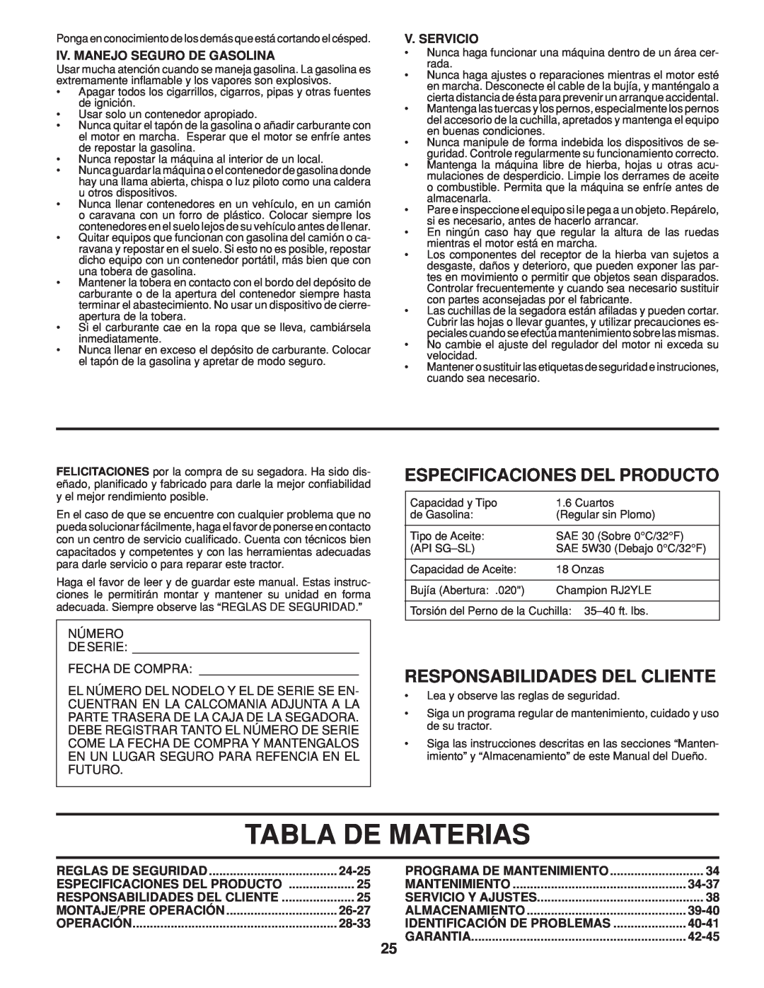Husqvarna 961430104 Tabla De Materias, Especificaciones Del Producto, Responsabilidades Del Cliente, V. Servicio, 24-25 