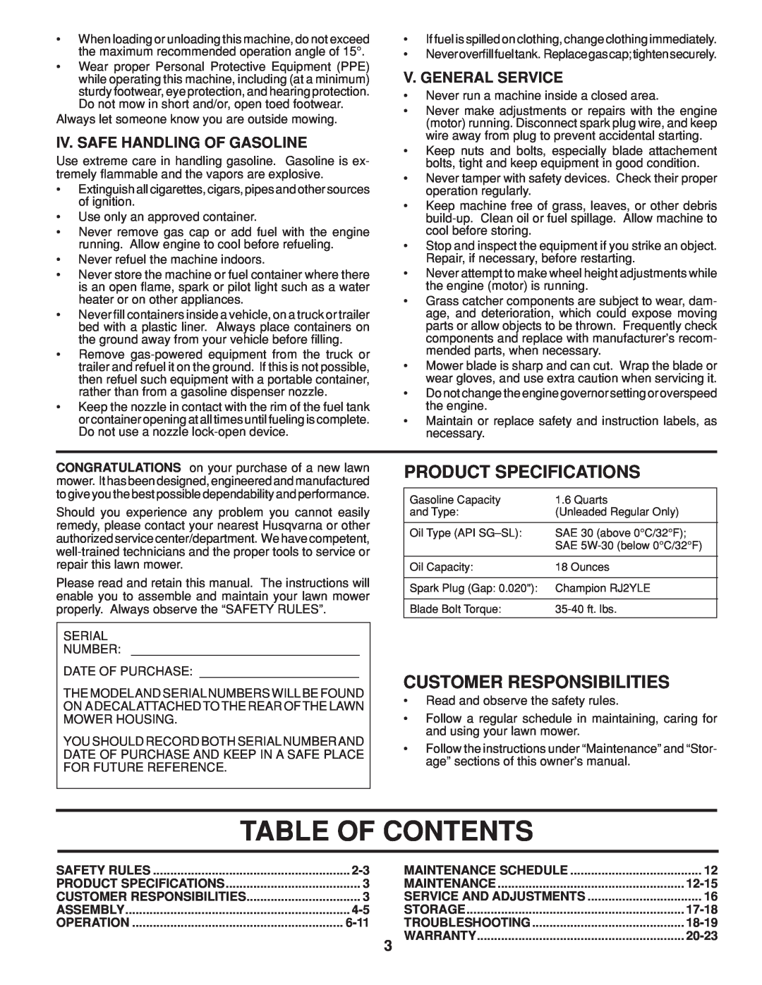 Husqvarna 961430104 Table Of Contents, Product Specifications, Customer Responsibilities, Iv. Safe Handling Of Gasoline 