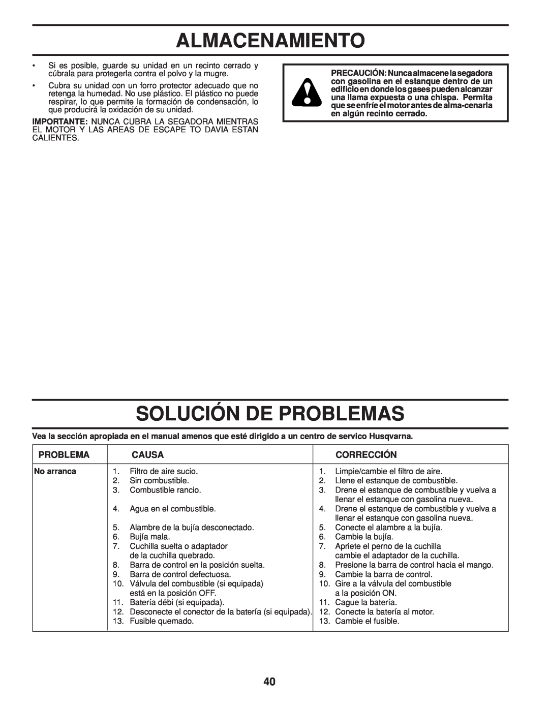 Husqvarna 961430103, 961430104 warranty Solución De Problemas, Almacenamiento, Causa, Corrección, No arranca 