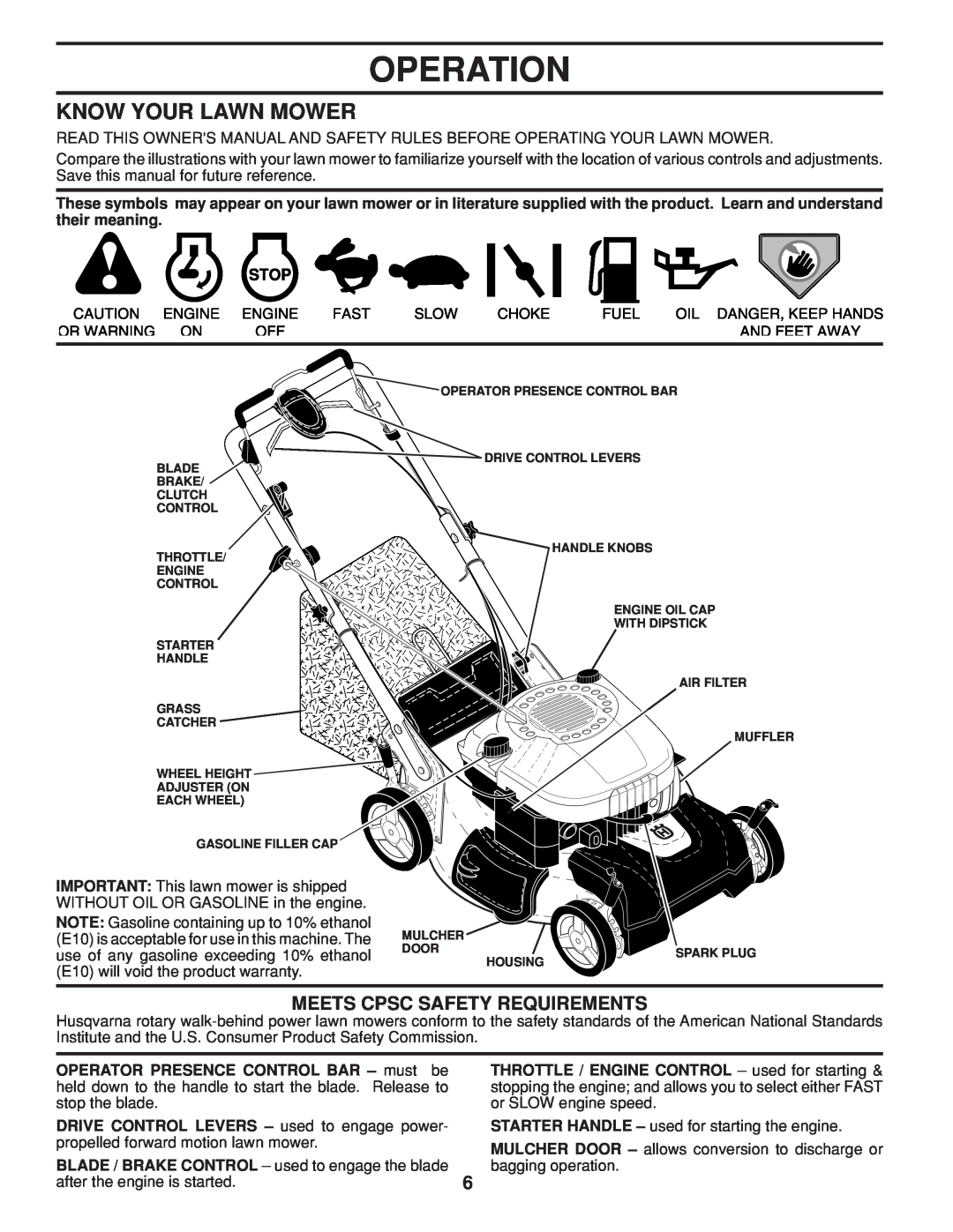 Husqvarna 961430103 Operation, Know Your Lawn Mower, Meets Cpsc Safety Requirements, OPERATOR PRESENCE CONTROL BAR - must 