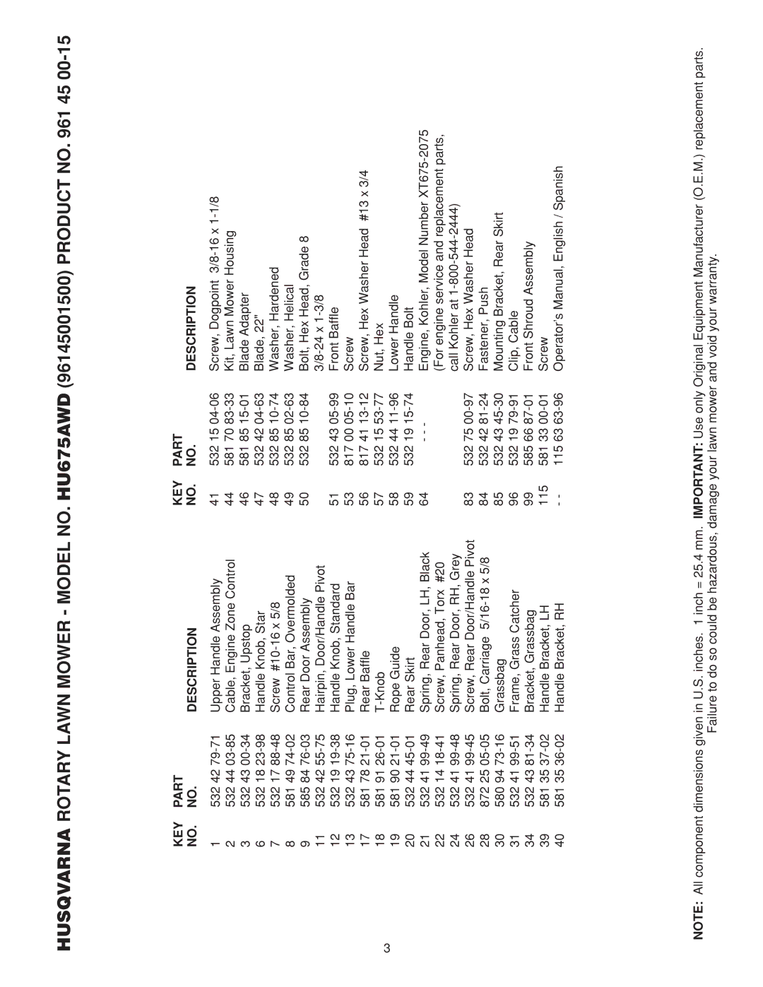 Husqvarna 961430108 manual KEY Part Description 