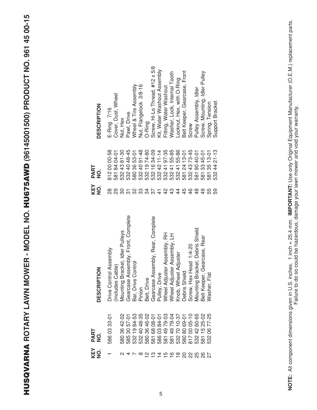 Husqvarna 961430108 manual KEY Part Description 