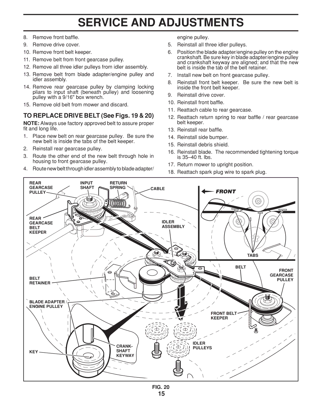 Husqvarna 961450011 warranty To Replace Drive Belt See Figs, Front 