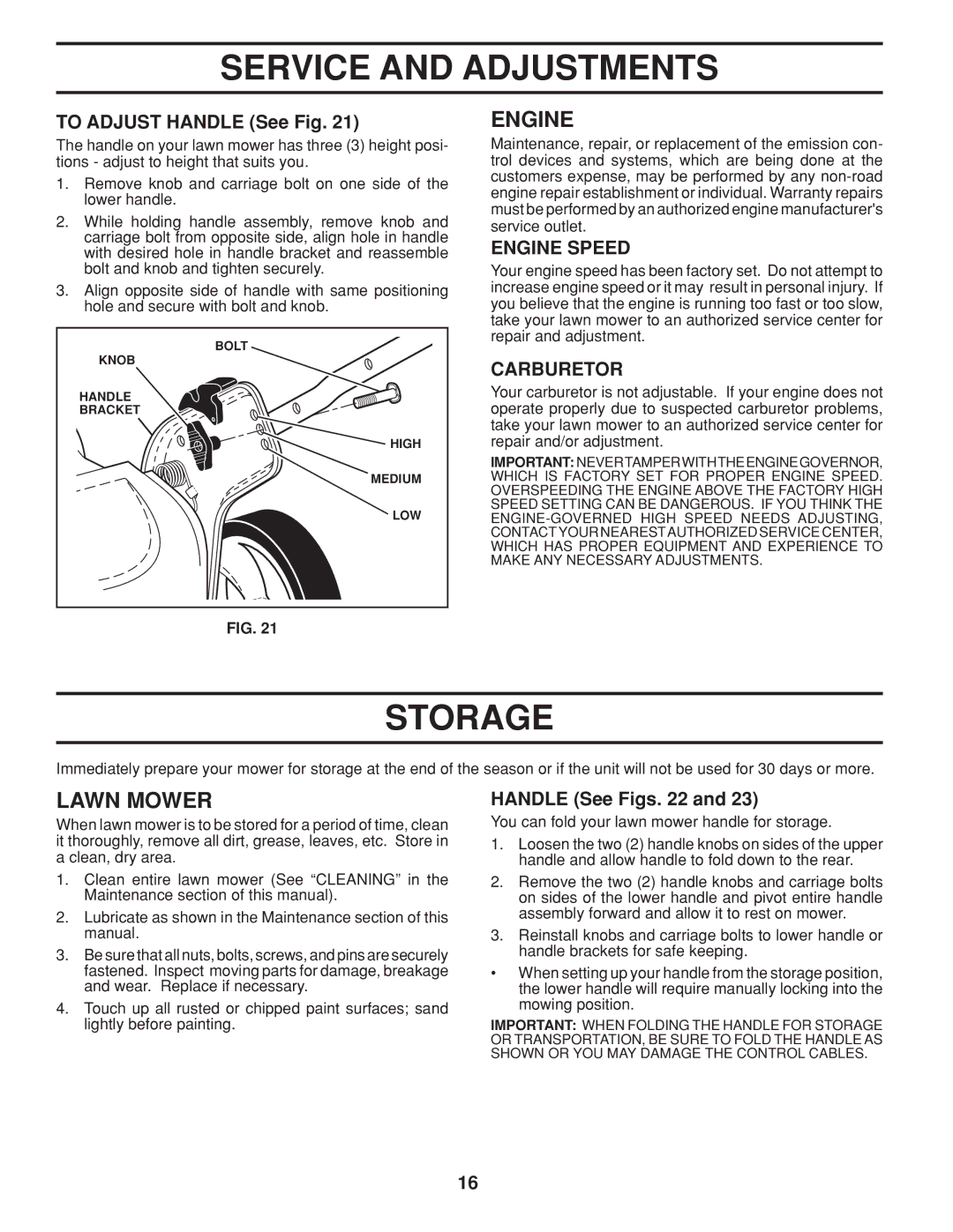 Husqvarna 961450011 warranty Storage, To Adjust Handle See Fig, Carburetor, Handle See Figs 