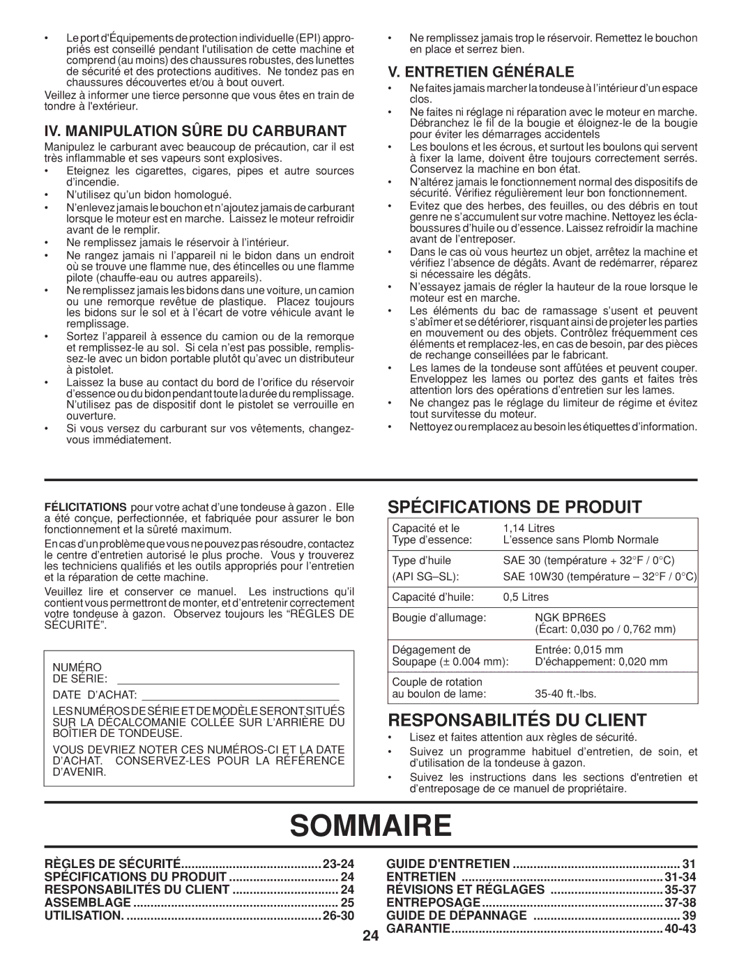 Husqvarna 961450011 Sommaire, Spécifications DE Produit, Responsabilités DU Client, IV. Manipulation Sûre DU Carburant 