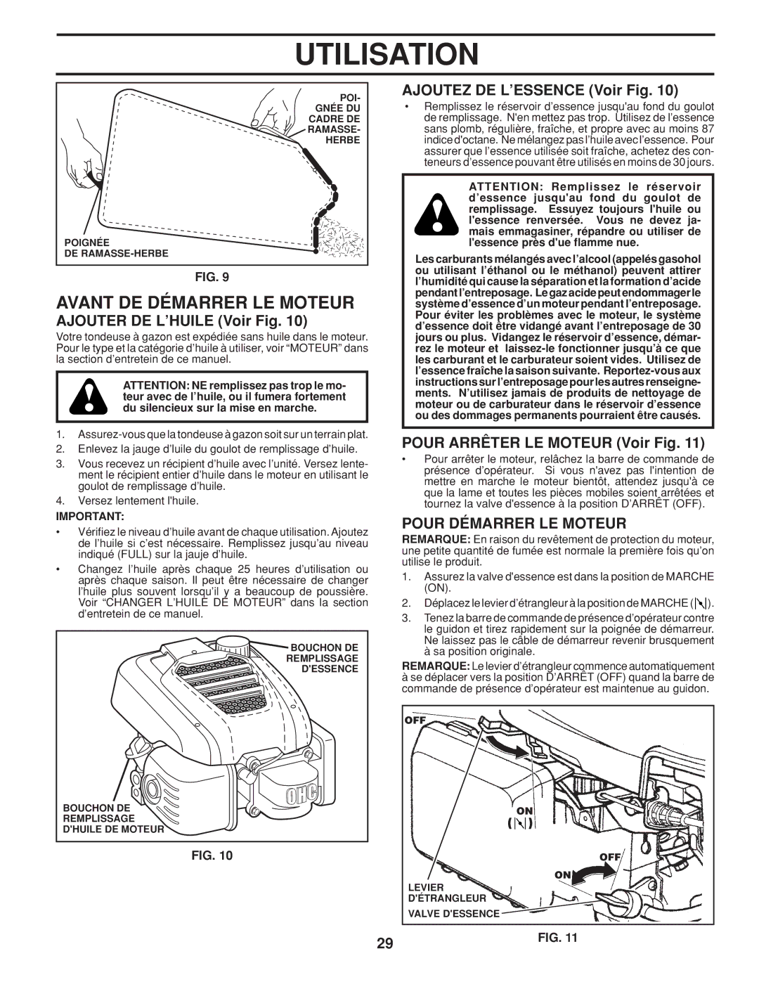 Husqvarna 961450011 warranty Avant DE Démarrer LE Moteur, Ajouter DE L’HUILE Voir Fig, Ajoutez DE L’ESSENCE Voir Fig 