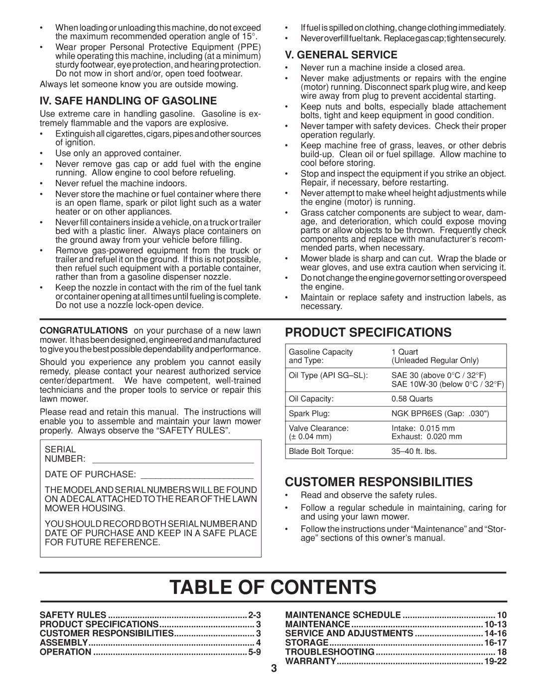 Husqvarna 961450011 warranty Table of Contents 