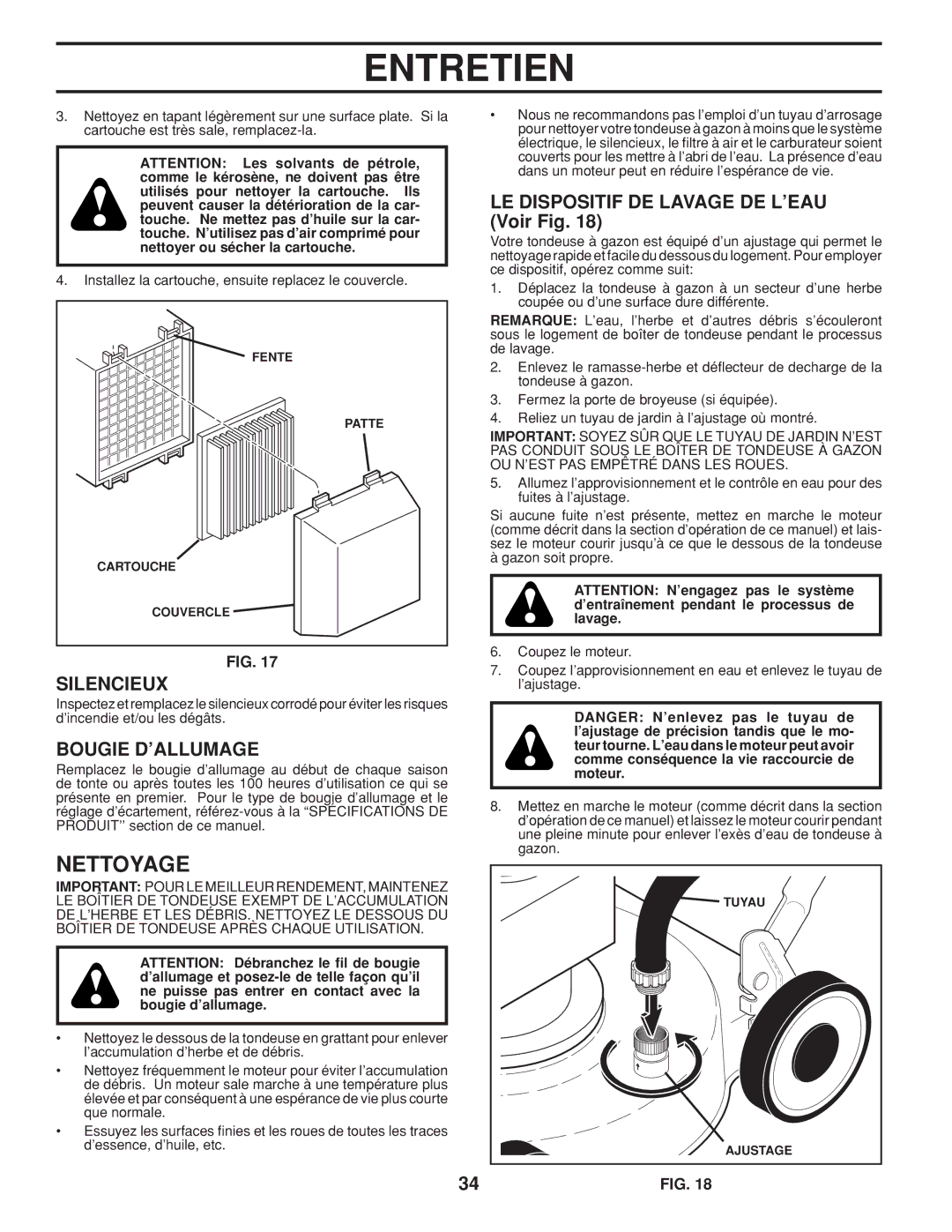 Husqvarna 961450011 warranty Nettoyage, Silencieux, Bougie D’ALLUMAGE, LE Dispositif DE Lavage DE L’EAU Voir Fig 