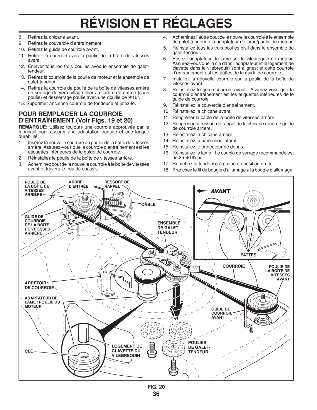 Husqvarna 961450011 warranty Pour Remplacer LA Courroie D’ENTRAÎNEMENT Voir Figs et, Avant 