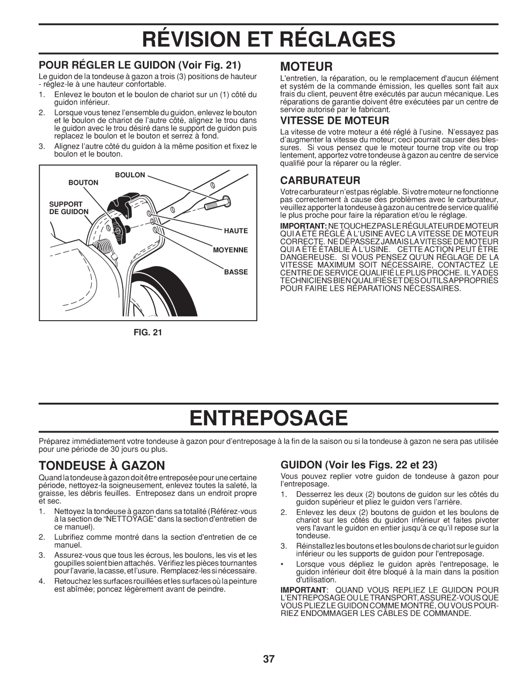 Husqvarna 961450011 Entreposage, Pour Régler LE Guidon Voir Fig, Vitesse DE Moteur, Carburateur, Guidon Voir les Figs et 