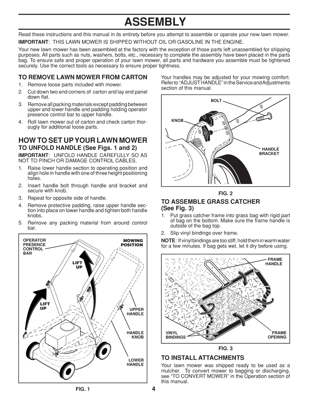 Husqvarna 961450011 Assembly, HOW to SET UP Your Lawn Mower, To Remove Lawn Mower from Carton, To Install Attachments 