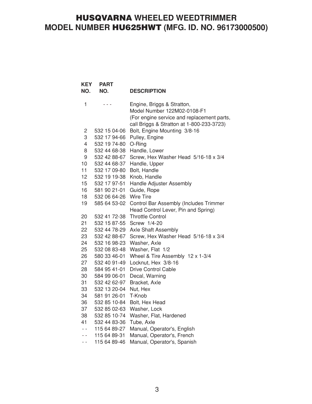 Husqvarna 961730005 manual KEY Part NO. NO. Description 