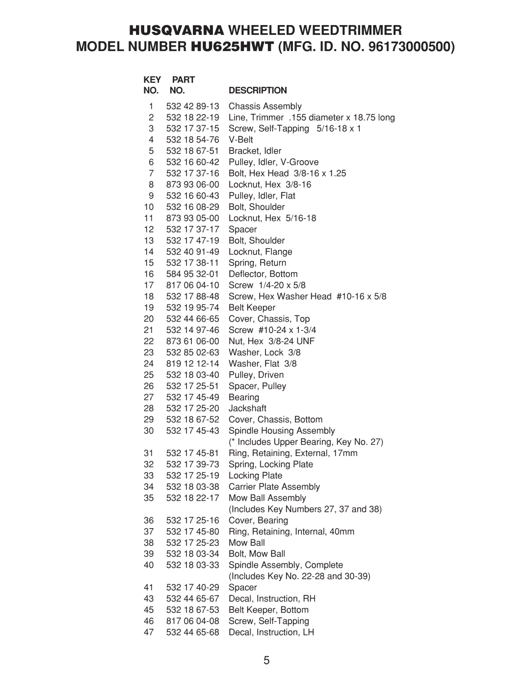 Husqvarna 961730005 manual KEY Part 