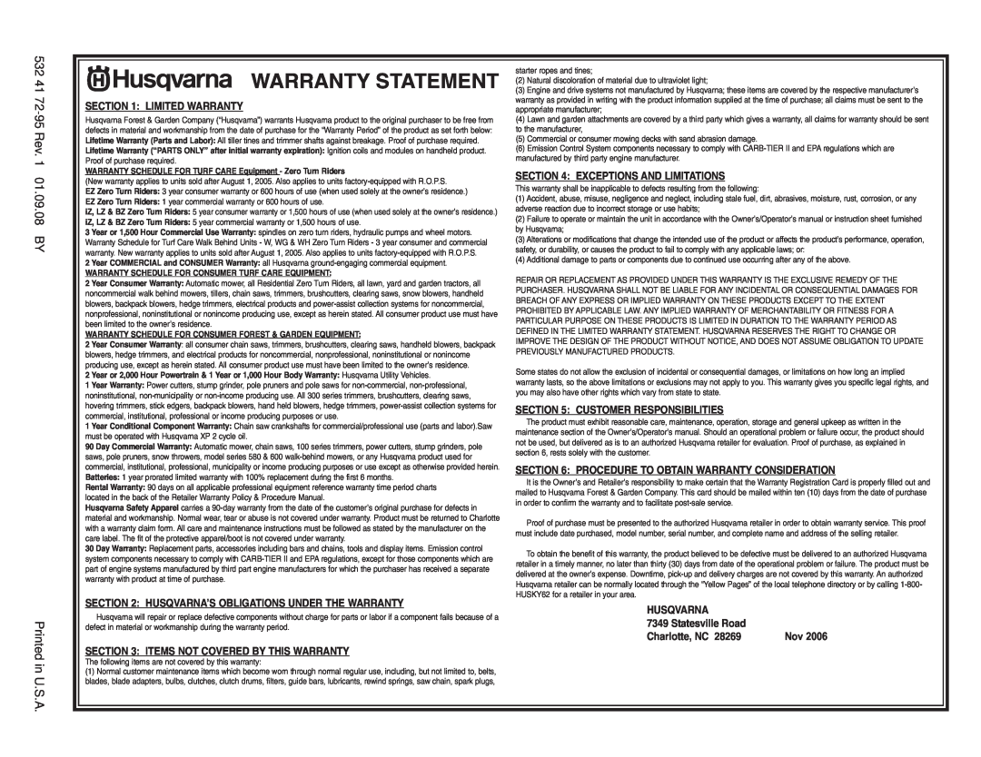 Husqvarna 96193002300 Warranty Statement, Charlotte, NC, WARRANTY SCHEDULE FOR TURF CARE Equipment - Zero Turn Riders 