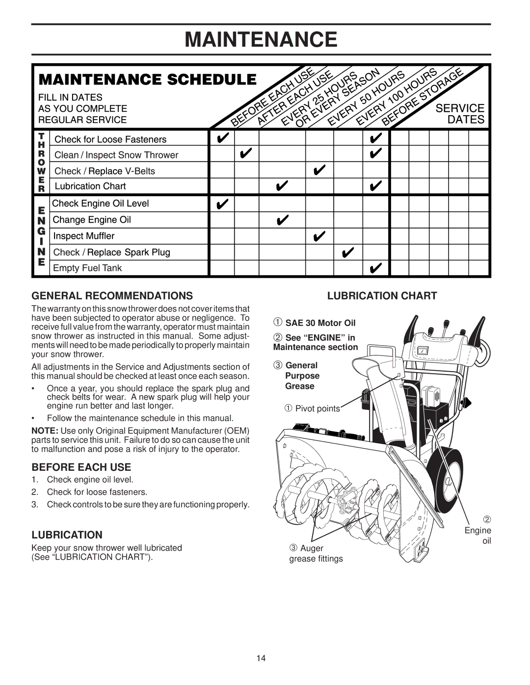 Husqvarna 96193002300 manual Maintenance, General Recommendations, Before Each USE, Lubrication 