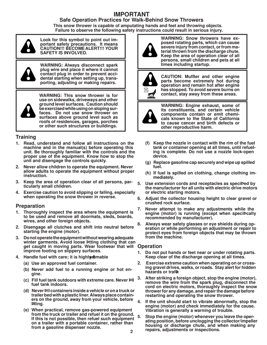 Husqvarna 96193002300 manual Safe Operation Practices for Walk-Behind Snow Throwers 