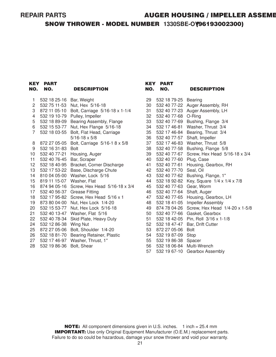 Husqvarna 96193002300 manual KEY Part Description 