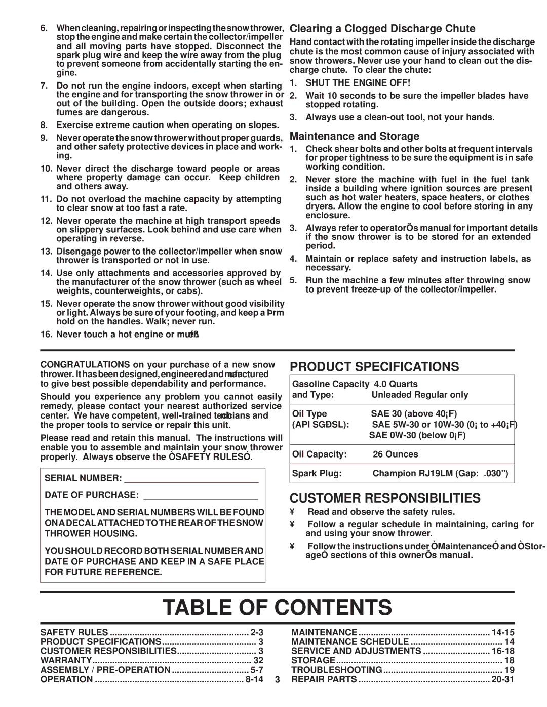 Husqvarna 96193002300 manual Table of Contents 