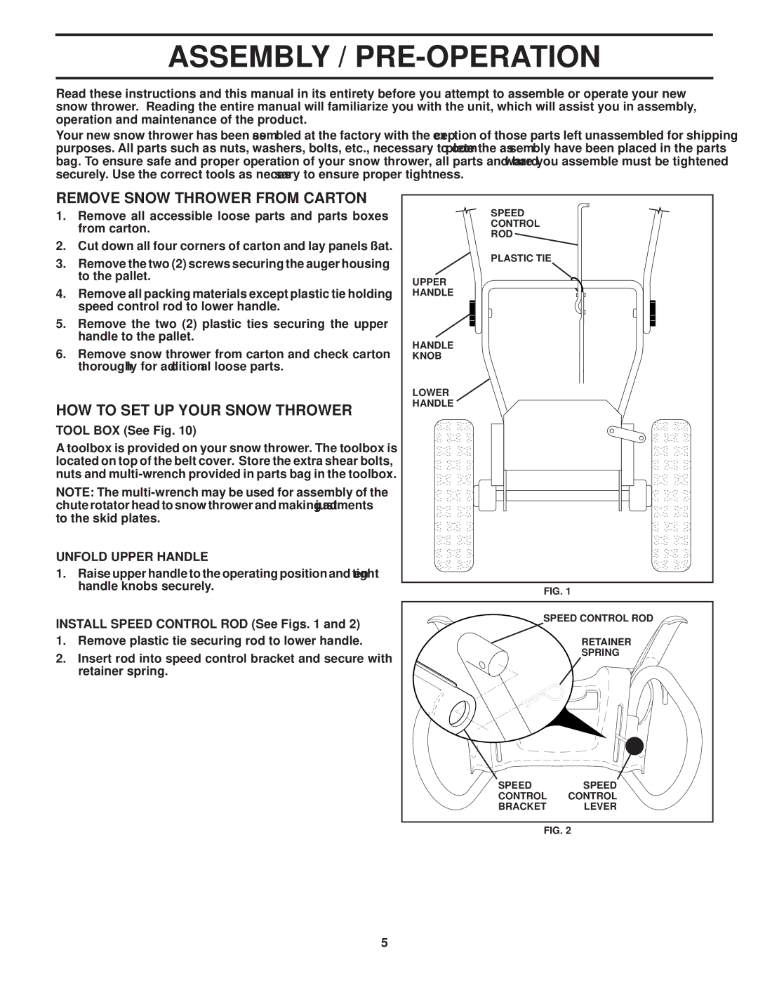 Husqvarna 96193002300 manual Assembly / PRE-OPERATION, Remove Snow Thrower from Carton, HOW to SET UP Your Snow Thrower 