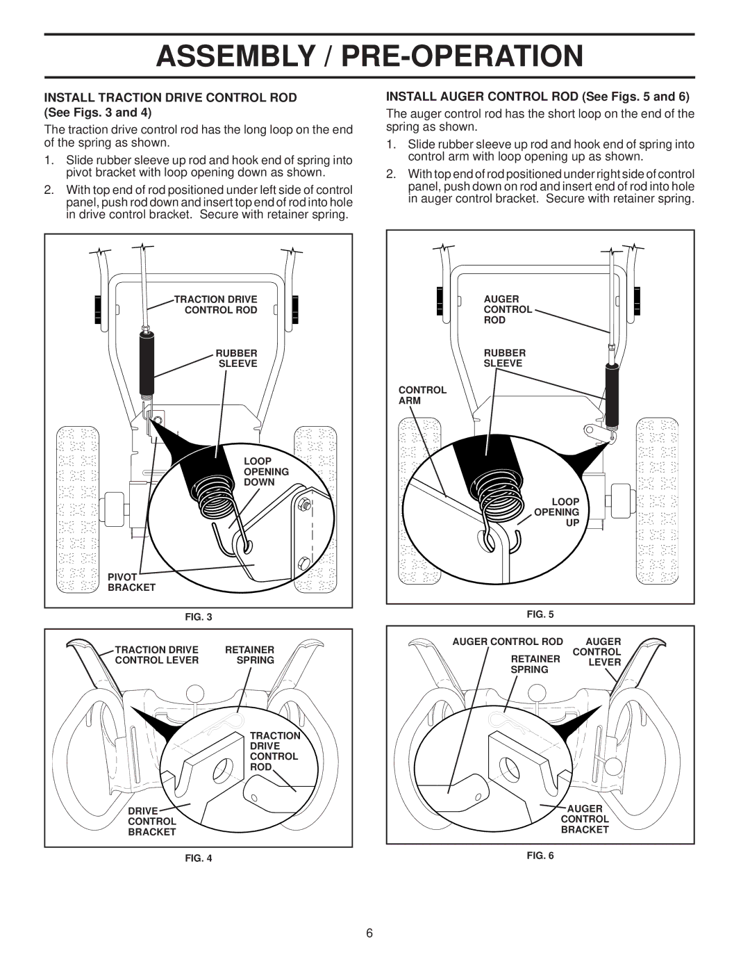 Husqvarna 96193002300 manual Install Traction Drive Control ROD See Figs, Install Auger Control ROD See Figs 