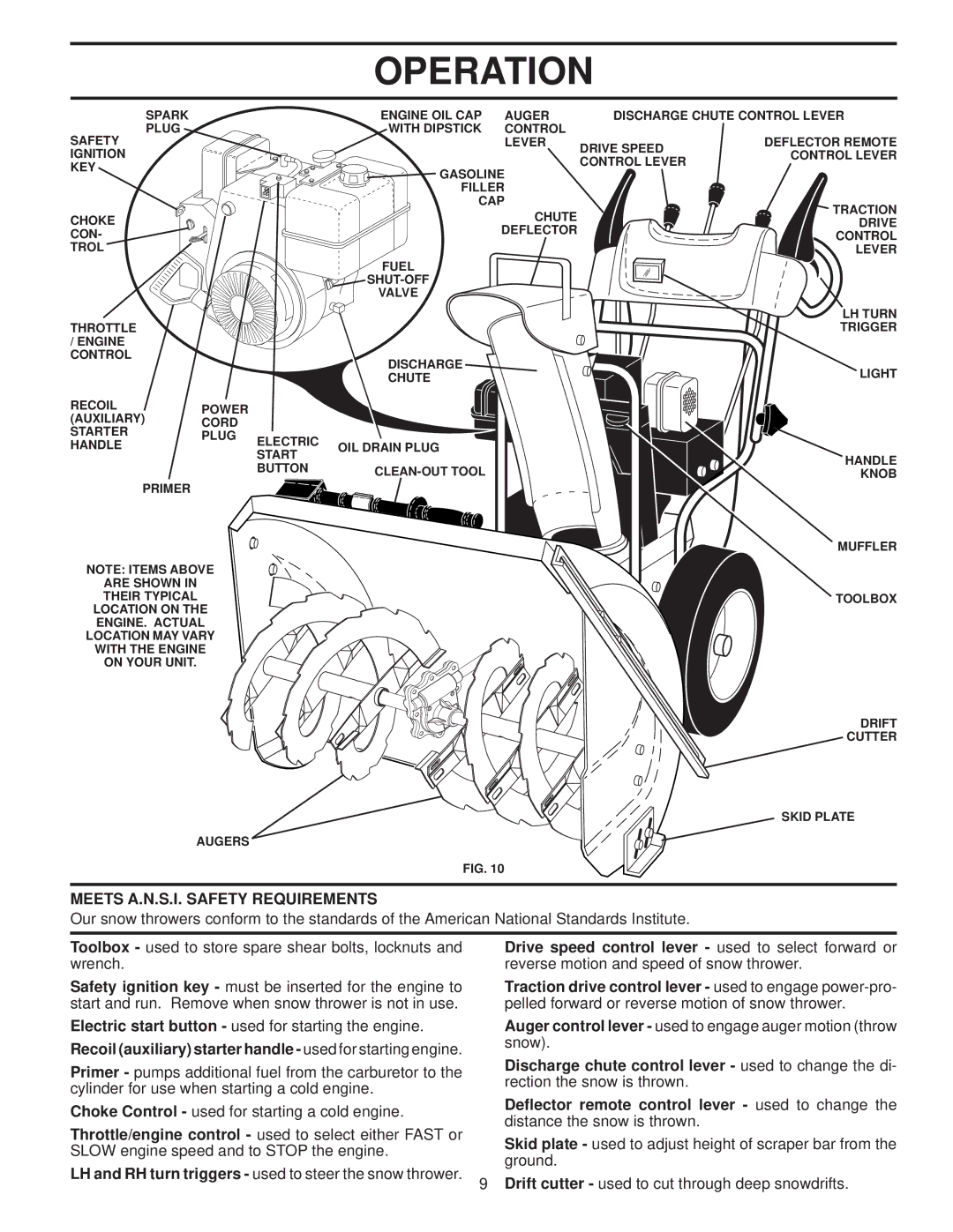 Husqvarna 96193002300 manual Meets A.N.S.I. Safety Requirements, Discharge chute control lever used to change the di 