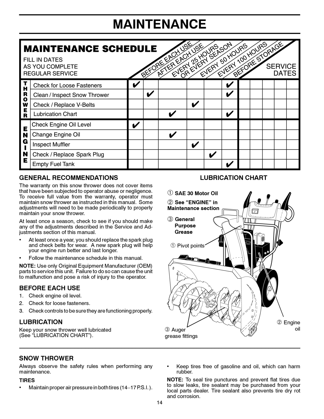Husqvarna 96193005200 Maintenance, General Recommendations, Before Each Use, Snow Thrower, Lubrication Chart, Tires 