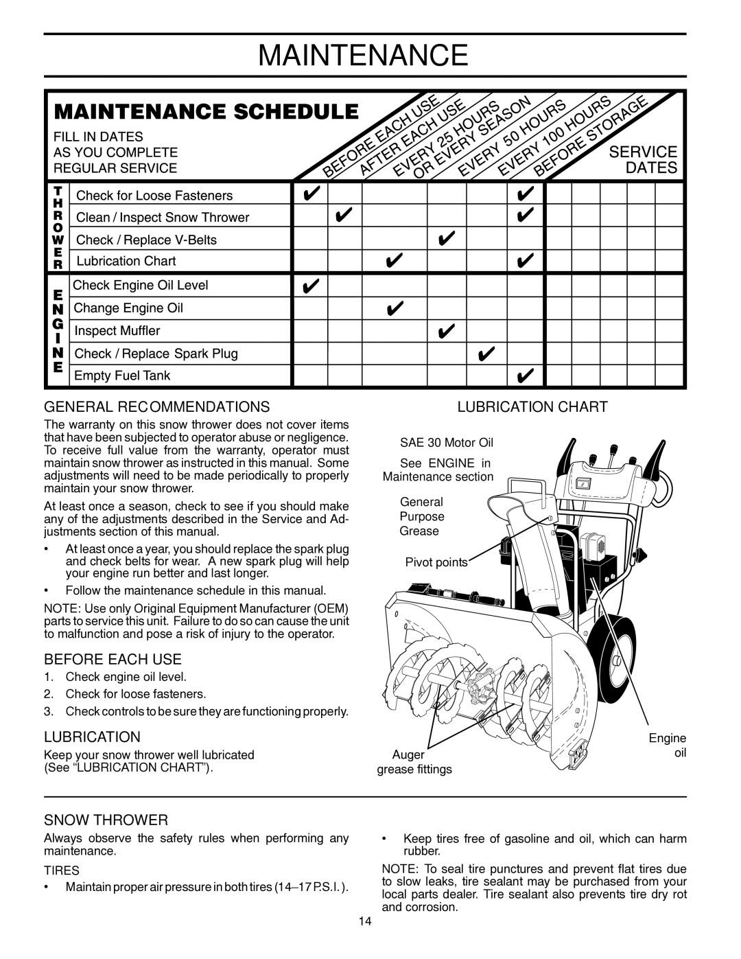 Husqvarna 96193005200, 924HV manual Maintenance, General Recommendations, Before Each USE, Lubrication, Snow Thrower 