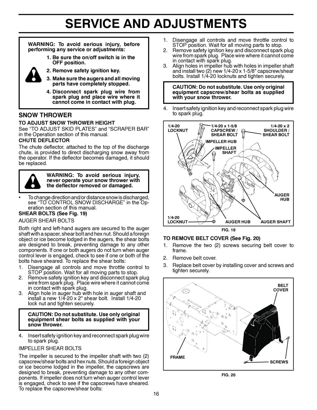 Husqvarna 96193005200, 924HV Service and Adjustments, To Adjust Snow Thrower Height, Chute Deflector, Shear Bolts See Fig 