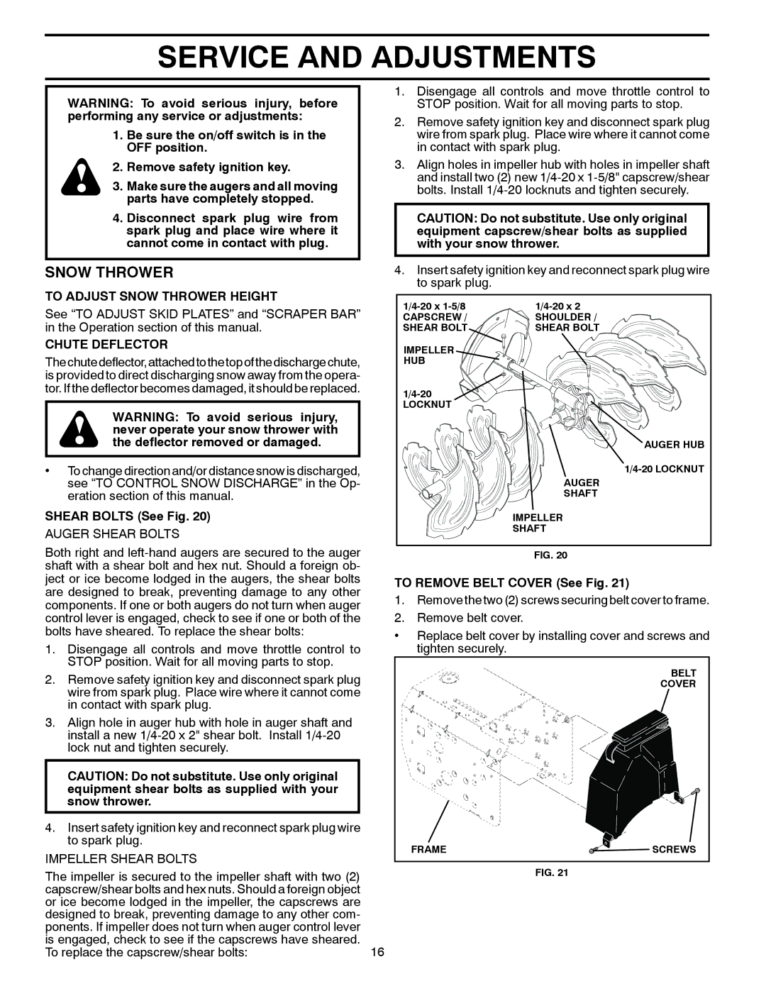 Husqvarna 96193005301 manual Service and Adjustments, To Adjust Snow Thrower Height, Chute Deflector, Shear Bolts See Fig 