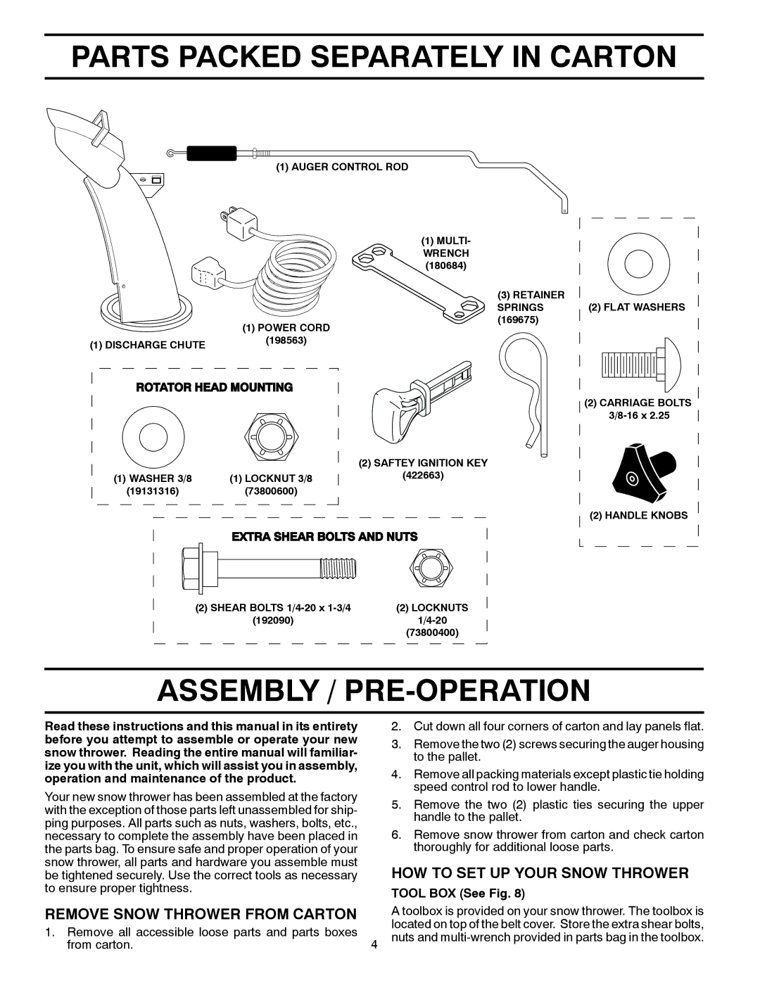 Husqvarna 96193006300 manual Parts Packed Separately in Carton, Assembly / PRE-OPERATION, HOW to SET UP Your Snow Thrower 