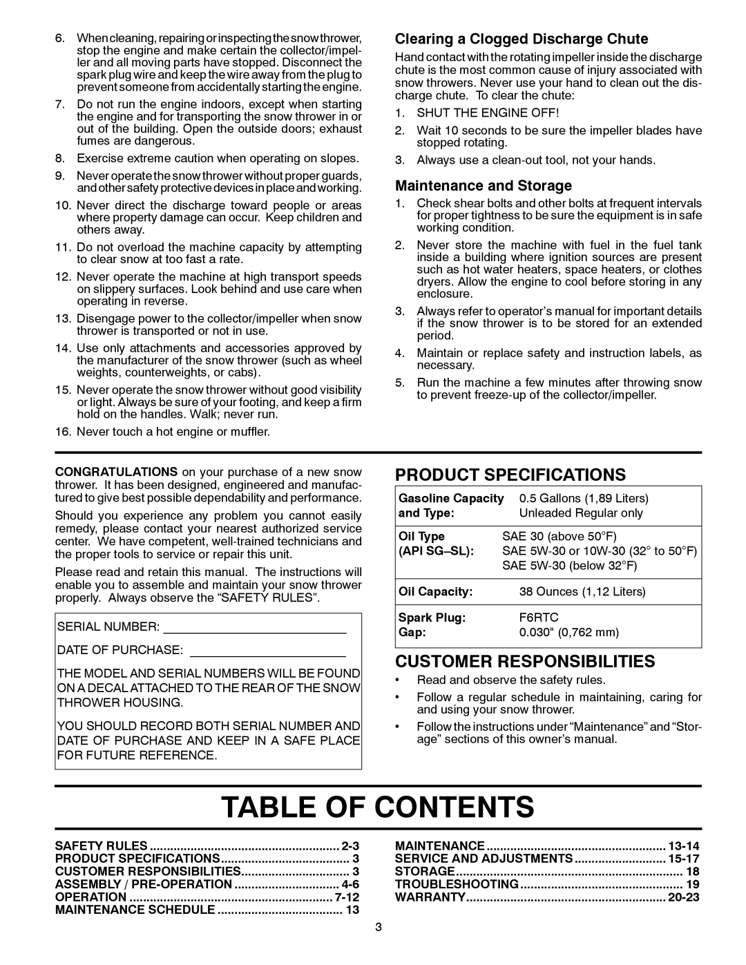 Husqvarna 96193006500 manual Table of Contents 