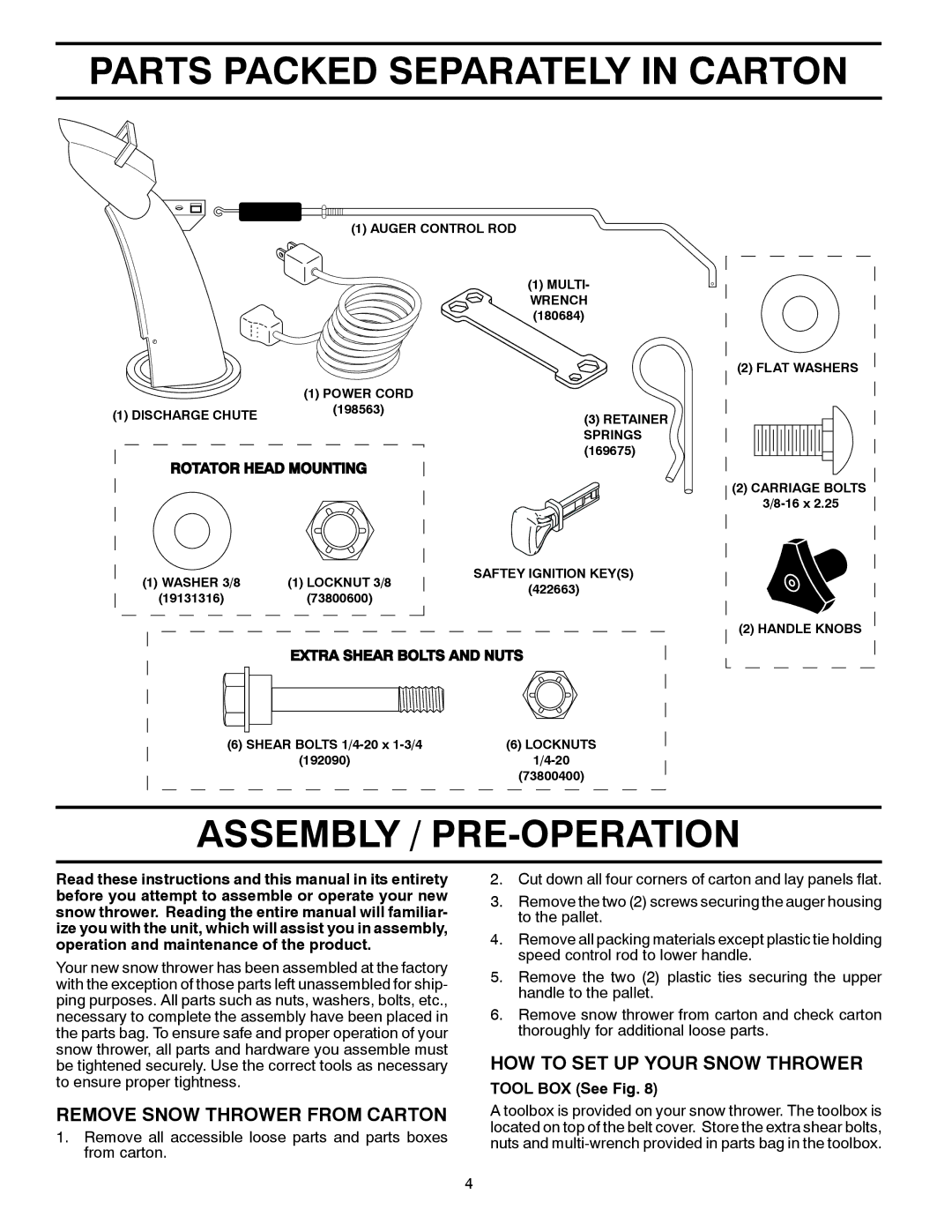 Husqvarna 96193006500 manual Parts Packed Separately in Carton, Assembly / PRE-OPERATION, Remove Snow Thrower from Carton 