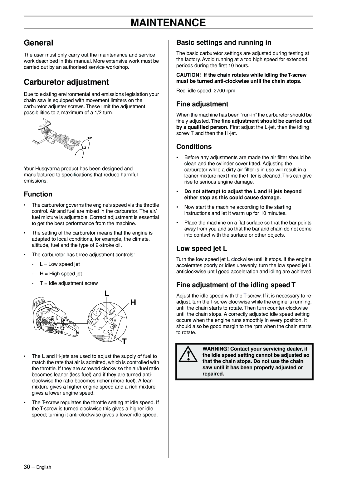 Husqvarna 965030292 manual Maintenance, General, Carburetor adjustment 