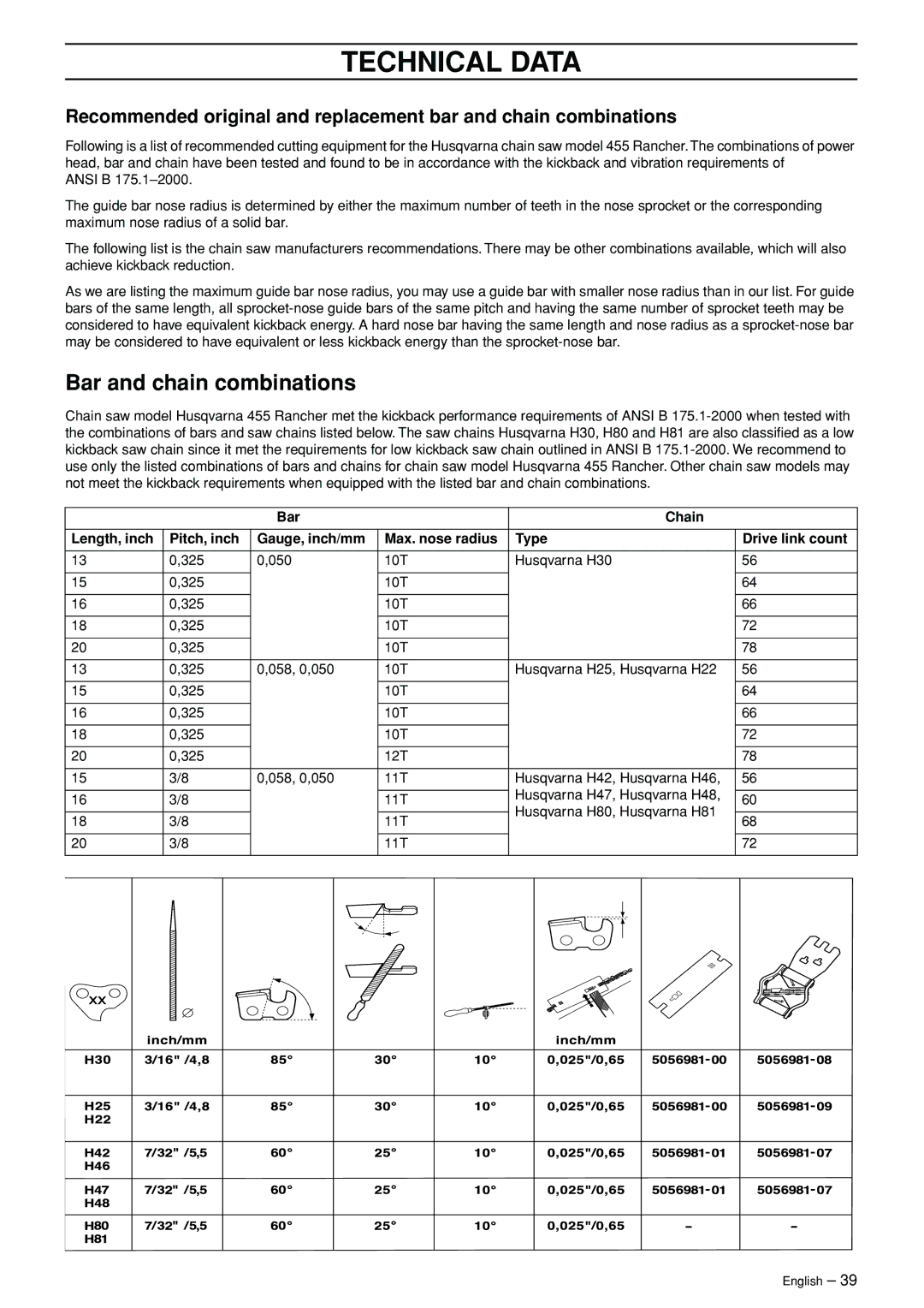 Husqvarna 965030292 manual Bar and chain combinations 