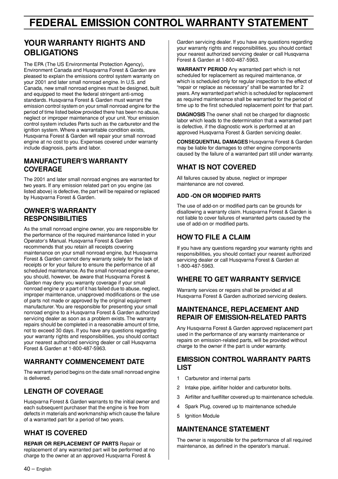 Husqvarna 965030292 manual Federal Emission Control Warranty Statement, Your Warranty Rights and Obligations 