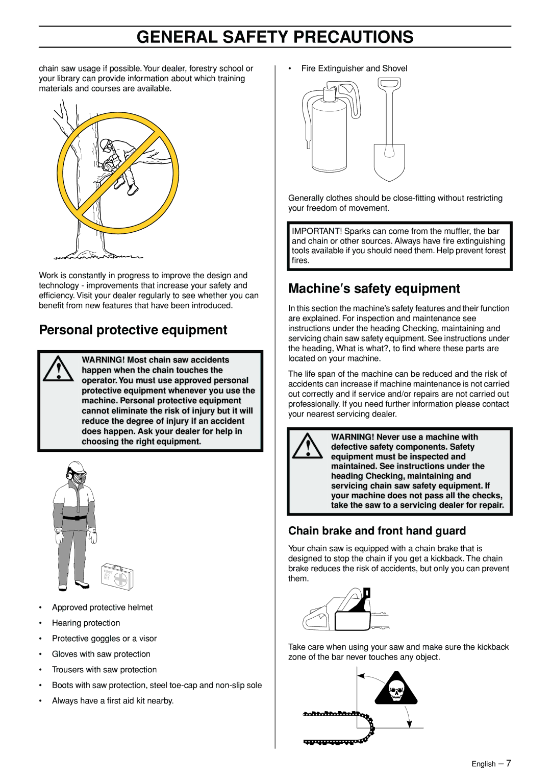 Husqvarna 965030292 manual Personal protective equipment, Machine′s safety equipment, Chain brake and front hand guard 