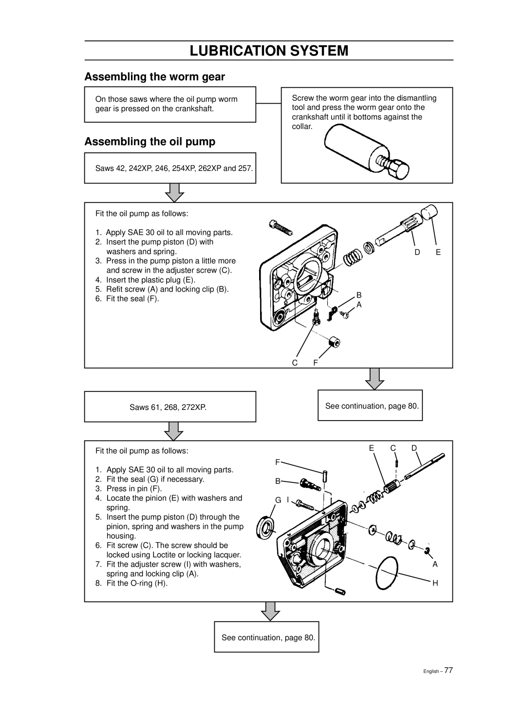 Husqvarna 1018855-26, 965030298, 965030296 manual Assembling the worm gear, Assembling the oil pump 