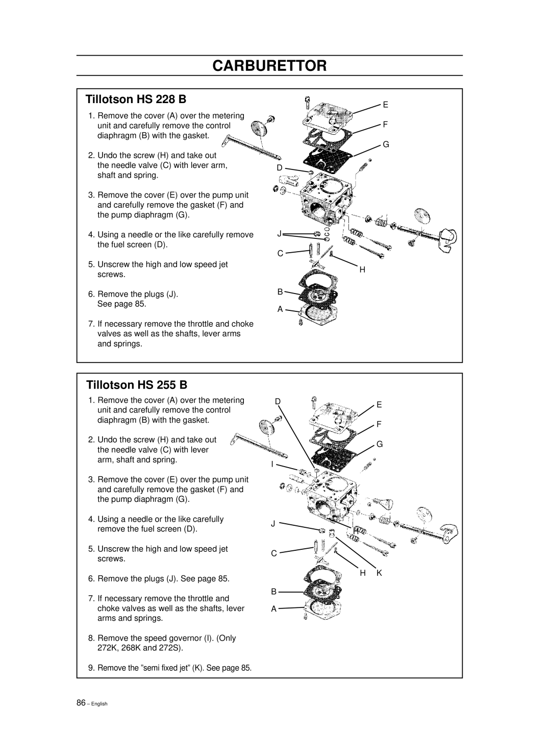 Husqvarna 1018855-26, 965030298, 965030296 manual Tillotson HS 228 B, Tillotson HS 255 B 