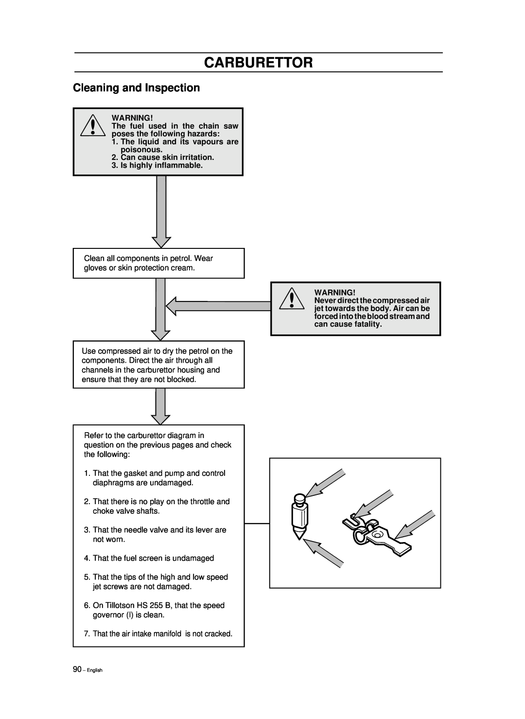 Husqvarna 965030298 manual Carburettor, Cleaning and Inspection, The fuel used in the chain saw poses the following hazards 